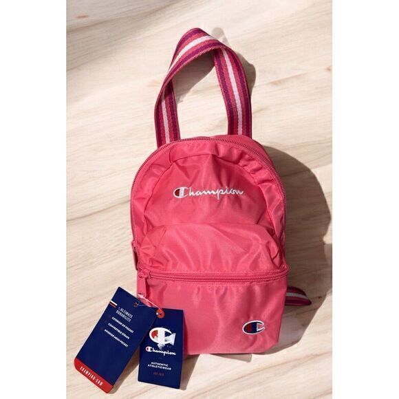 Champion Mini‎ Backpack Pink White Zipper Pockets Adjustable Straps Logo - Picture 1 of 5